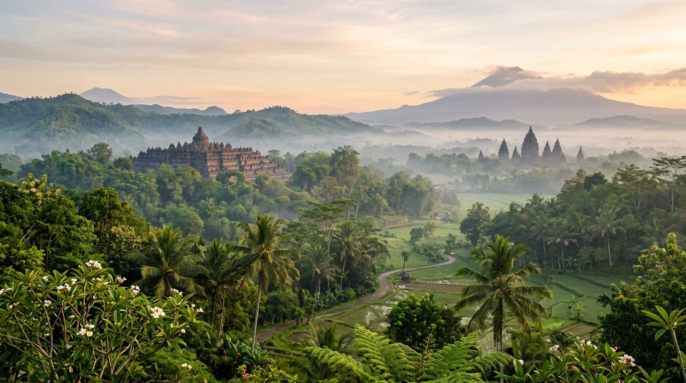Pemandangan alam asri yang menenangkan di sekitar lembah Candi Borobudur dan Prambanan berselimut kabut pagi damai