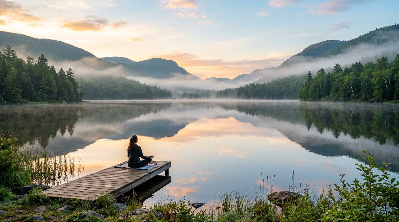 Danau tenang berkaca memantulkan langit fajar di kelilingi pegunungan damai