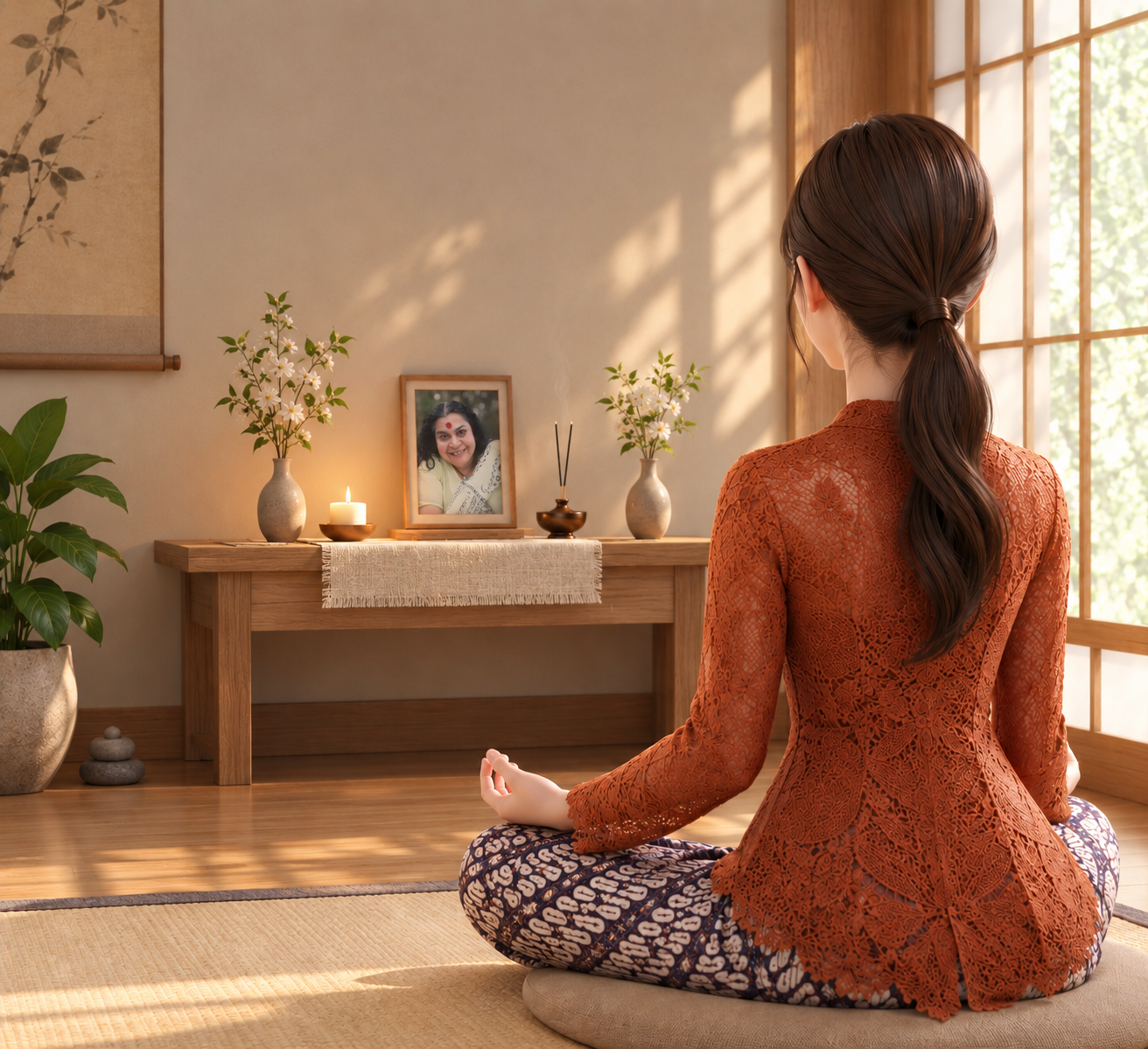 Sudut hening dan penataan altar meditasi Sahaja Yoga di rumah